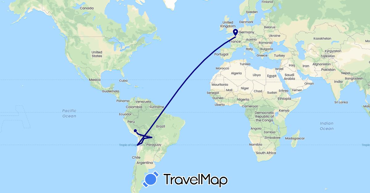 TravelMap itinerary: driving in Bolivia, Chile, France, Peru (Europe, South America)